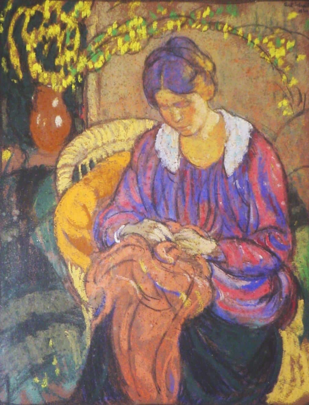 gertrude avec forsythia (pastel sur paper, c. 1921)