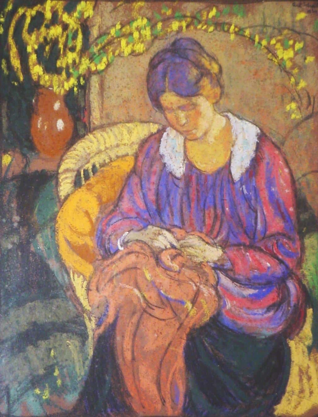 Gertrude avec Forsythia (pastel sur paper, c. 1921)