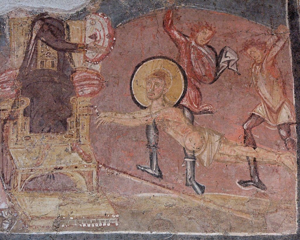 Saint Érasme flagellé en présence de l'empereur Dioclétien. Crypte de l'église Santa Maria in Via Lata à Rome