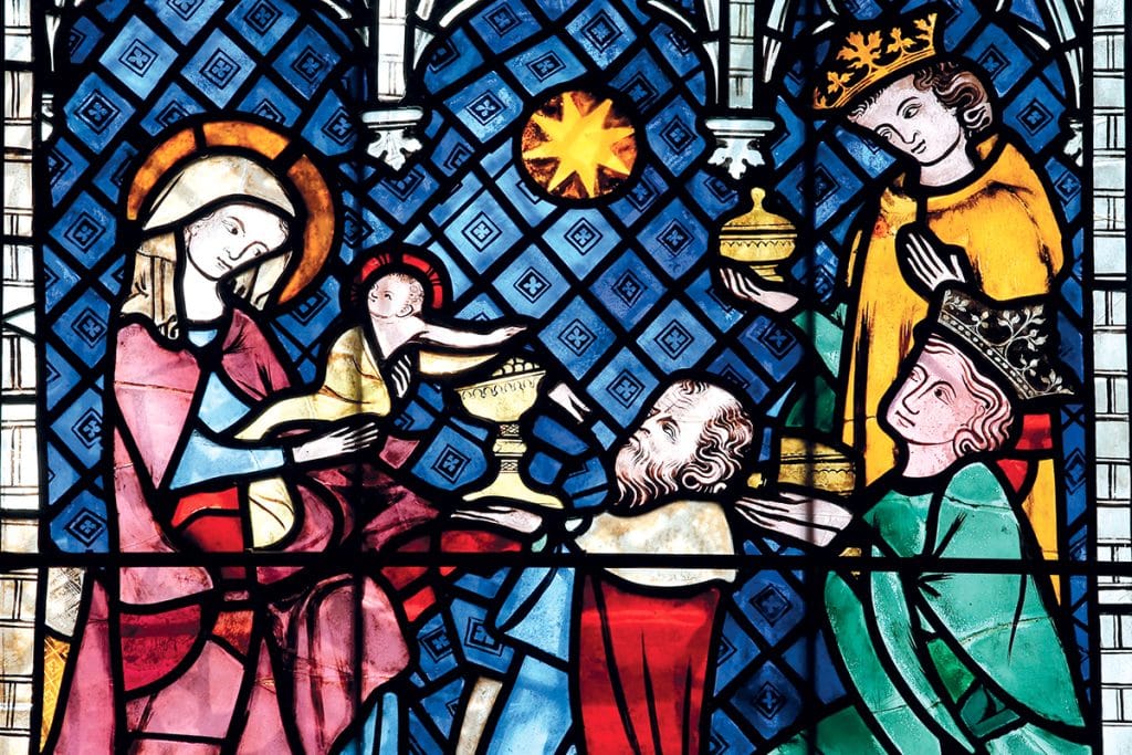 L'adoration des mages, cathédrale de Strasbourg vitrail du XIVe siècle.