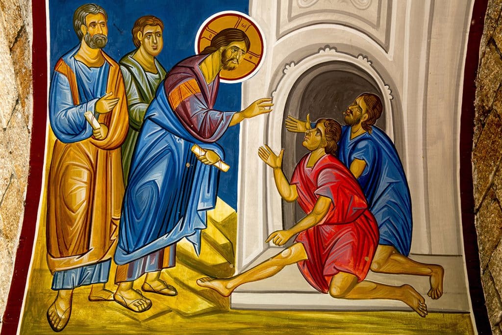 Monastère Saint Naum, République de Macédoine. Fresque de l'église St Paraskeva représentant Jésus guérissant un paralytique.