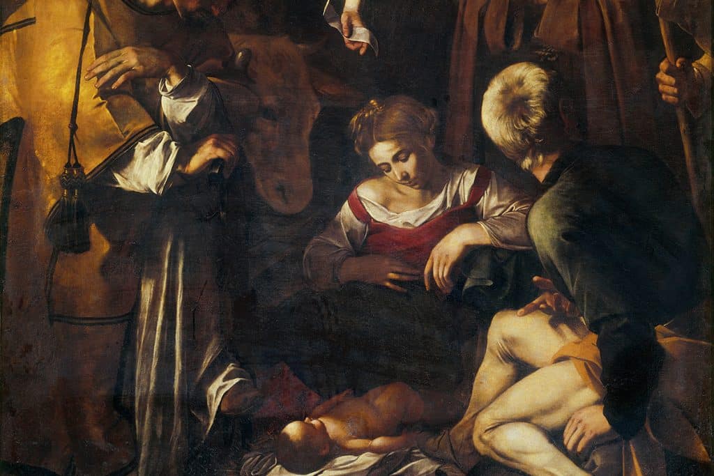 Nativité avec les saints Laurent et François par le Caravage, 1609.