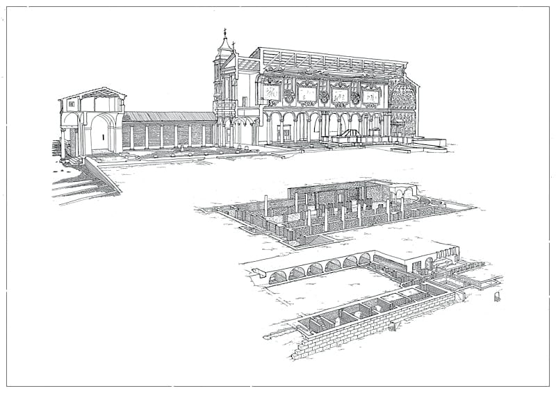 plan de coupe de la basilique saint clément, à rome. la basilique atuelle, du xiie, l'ancienne du ive, et la maison romaine du ier siècle.