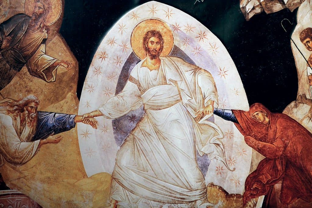 SAMEDI SAINT. Le Christ va chercher Adam et Ève aux enfers, fresque de l'Anastasis de l'église Saint-Sauveur-in-Chora, à Constantinople.