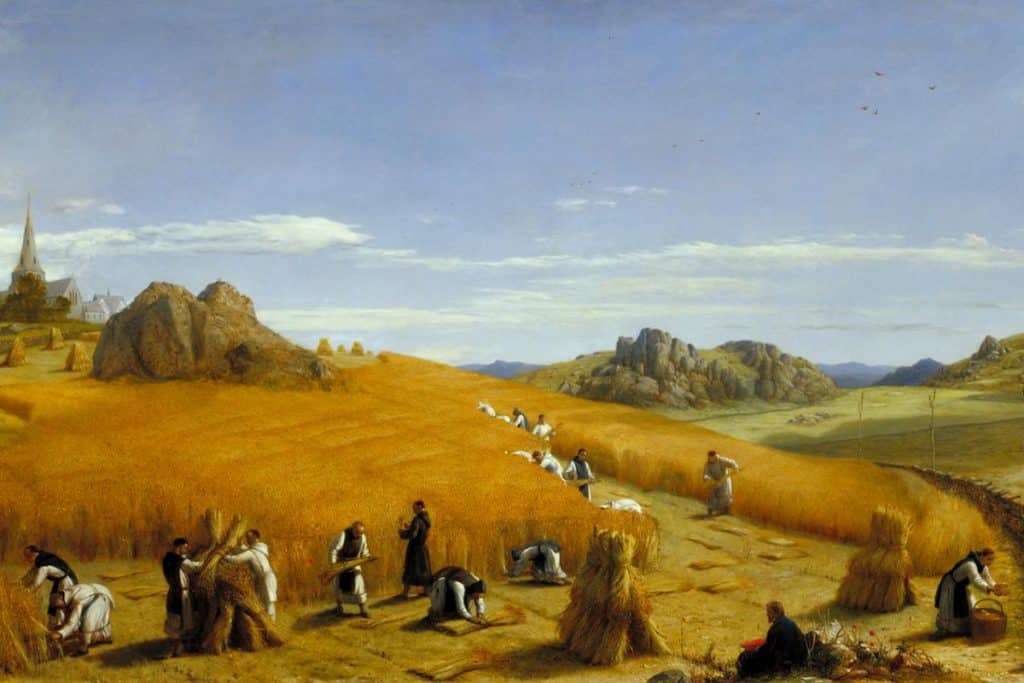 Laborare est Orare par John Rogers Herbert, 1862. La peinture représente les moines de l'abbaye trappiste de Saint-Bernard (Coalville, Leicestershire) rassemblant la récolte de 1861.