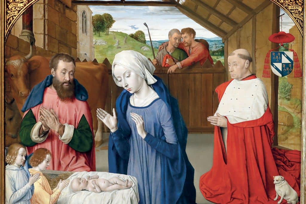 Nativité du XVe siècle. La Vierge Marie se tient debout après la naissance du Christ, marquant ainsi son mystère surnaturel…