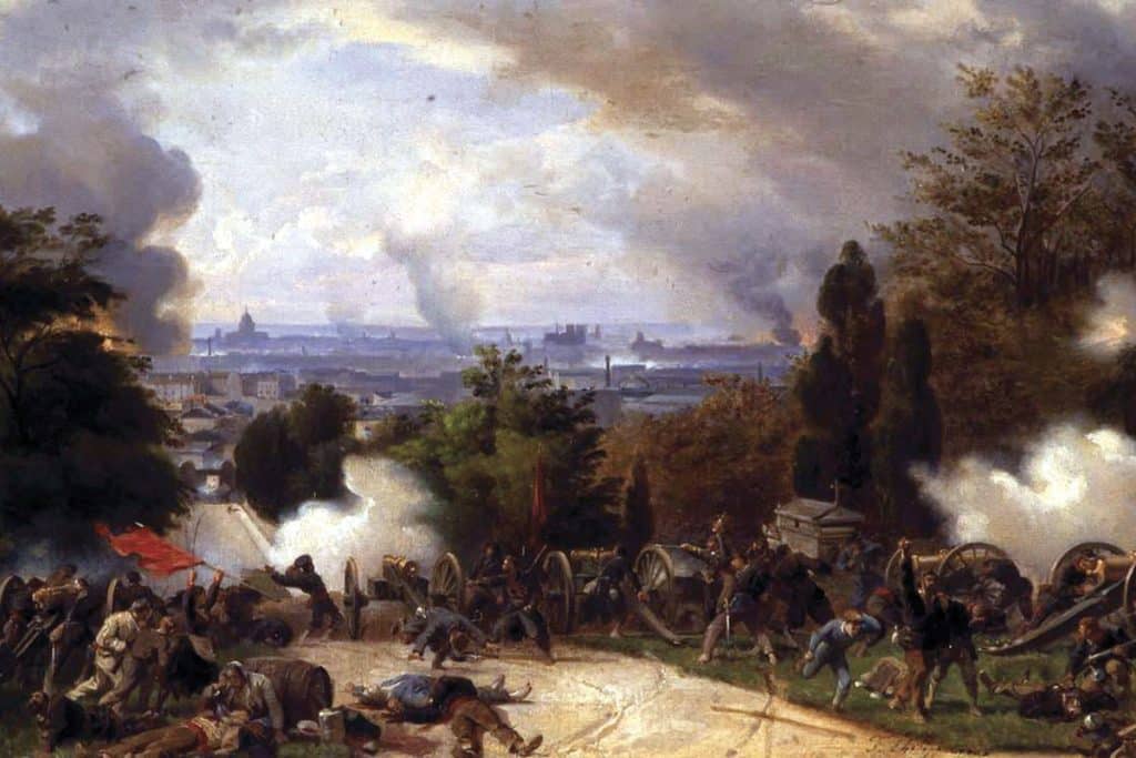 {Une des dernières batailles au cimetière du Père-Lachaise}, par Henri Félix Emmanuel Philippoteaux (1871).