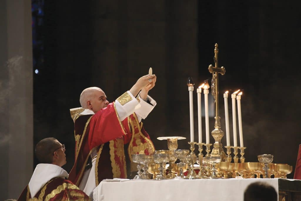 UN SEUL RITE ROMAIN, DEUX FORMES liturgiques. Ici le Père Abbé de Fontgombault, Dom Jean Pateau, lors du pèlerinage N.-D. de Chrétienté.