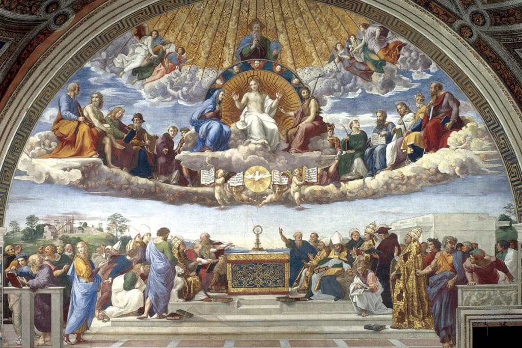 La Dispute du Saint-Sacrement, Raphaël, 1510. Ce tableau des Musées du Vatican représente la discussion théologique, en présence du pape, entre les saints Thomas d’Aquin et Bonaventure.