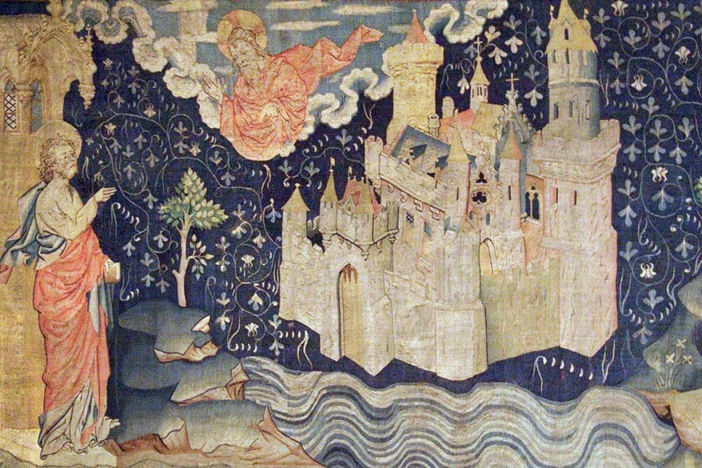 La Tenture de l’Apocalypse (1377) du château d’Angers est une suite de tapisseries de 107 m. La Jérusalem nouvelle qui descend du ciel est l’allégorie du Paradis et de la vie éternelle.