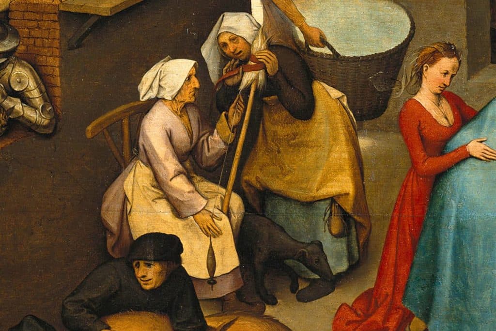 « On enroule ce que d'autres ont filé » (c'est-à-dire que tous participent à la propagation des ragots) par Pierre Bruegel l'Ancien, 1559.