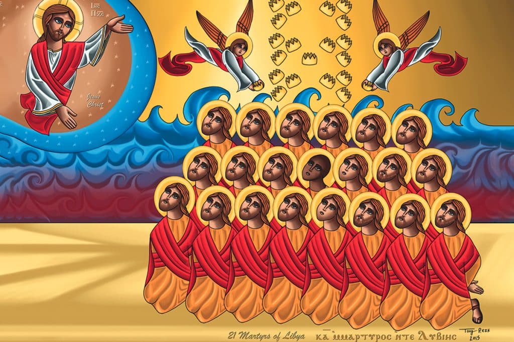 Cette icône, peinte par l’artiste égypto-américain Antoun Rezk, représente les 21 Coptes assassinés le 15 février 2015, sur une plage en Libye par l’État islamique.