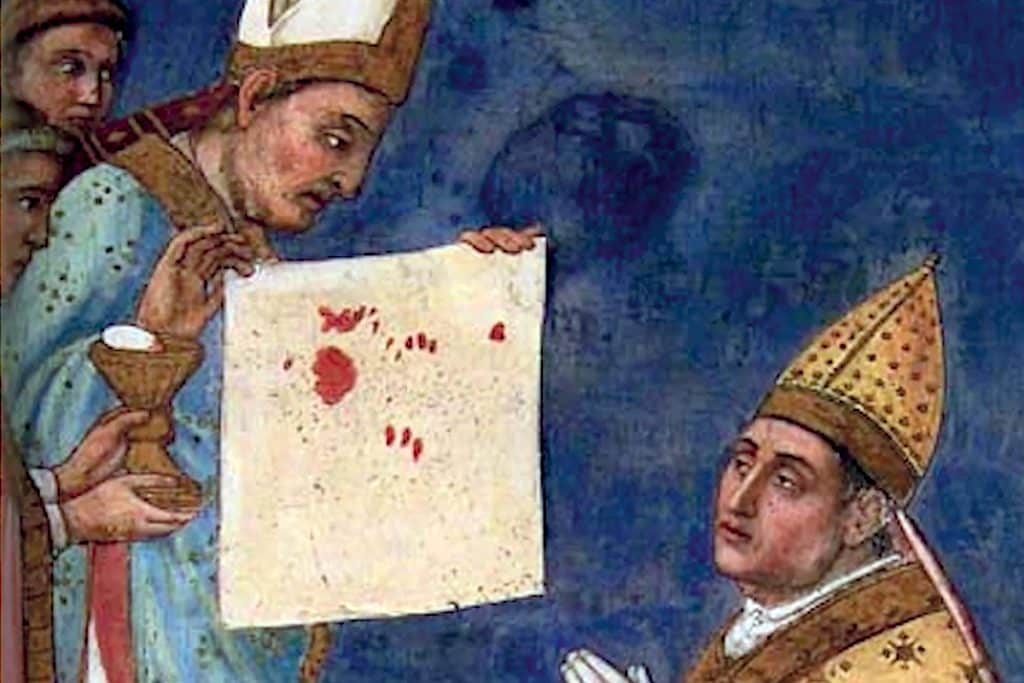 À l’annonce du miracle eucharistique de Bolsena, en 1263, le pape Urbain IV se prosterne devant le corporal portant le sang tombé de l’hostie du miracle. (Fresque de La Chapelle du Saint Corporal, cathédrale d’Orvieto.)