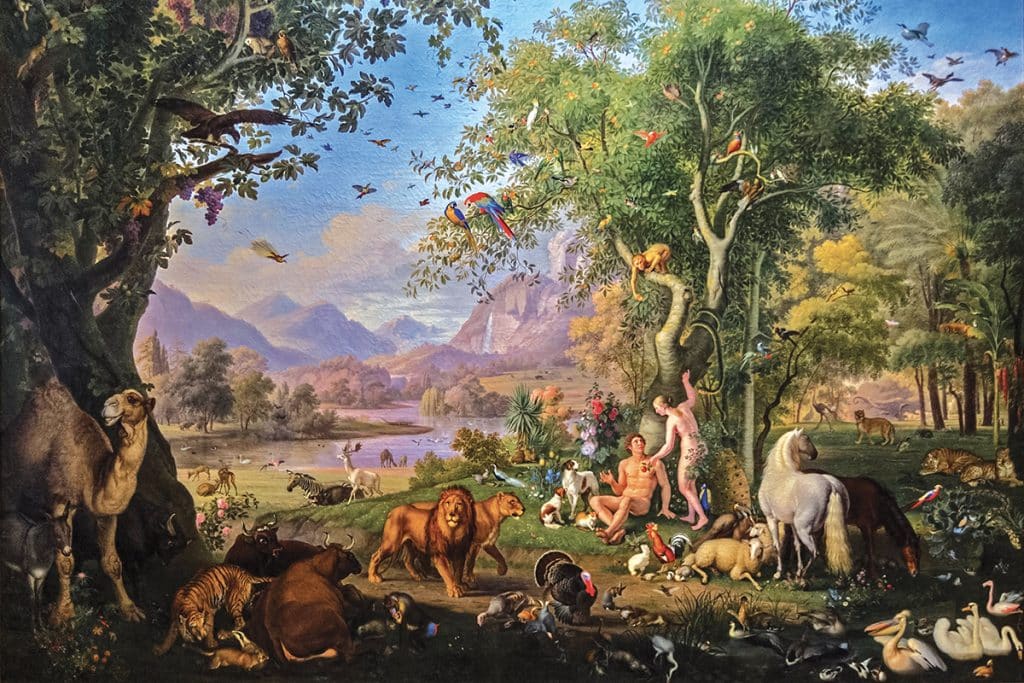 La chasteté recompose l'harmonie perdue. Adam et Ève au Paradis Terrestre, Johann Wenzel Peter (XIXe).