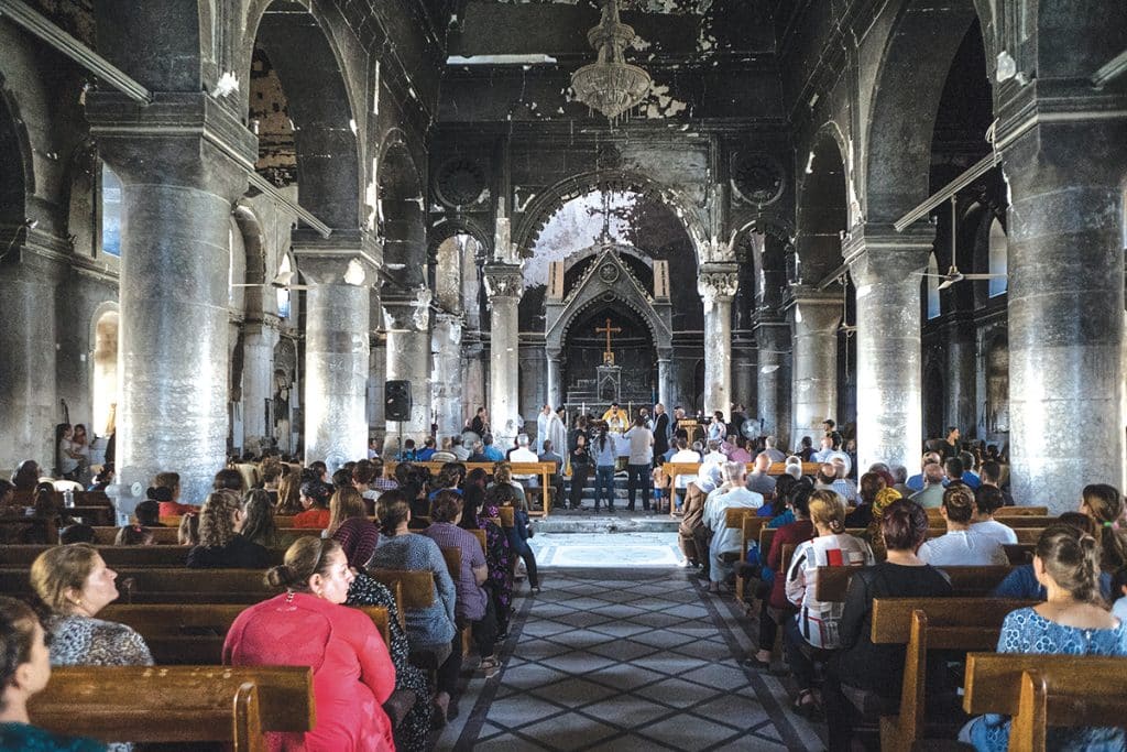 La cathédrale al-Tahira (« Immaculée-Conception ») à Qaraqosh est la plus grande église syriaque-catholique du Moyen-Orient. Ici en avril 2017, 3 ans après avoir été incendiée par Daesh
