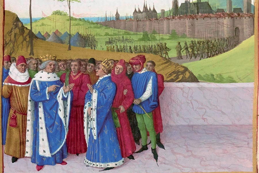 Entretien entre saint Gontran et Childebert II, par Jean Fouquet, vers 1455.