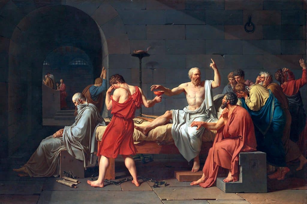 « Aussitôt dit, sans s’arrêter, sans faire aucunement le difficile ni le dégoûté, il but jusqu’au fond.  » La mort de Socrate, par David, 1787.