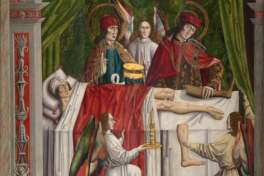 Le rêve d’un verger, Saint Côme et saint Damien effectuant une guérison miraculeuse par transplantation d'une jambe, attribuée au Maître de Los Balbases, v. 1495