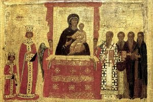 Icône byzantine du triomphe de l'orthodoxie sur l'iconoclasme sous l'impératrice Théodora, fin du XIVe.