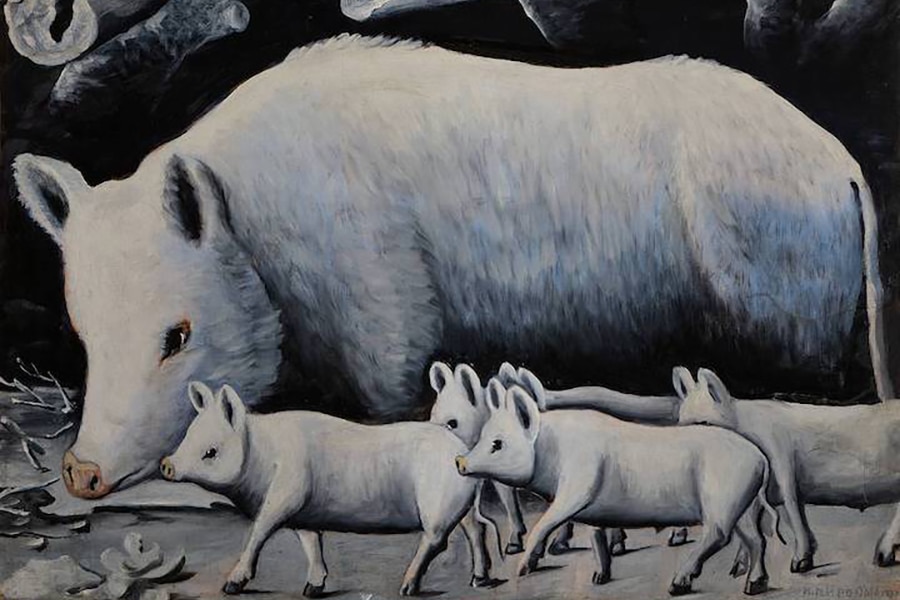 « Truie blanche et ses porcelets » par Iko Pirosmani, vers 1900