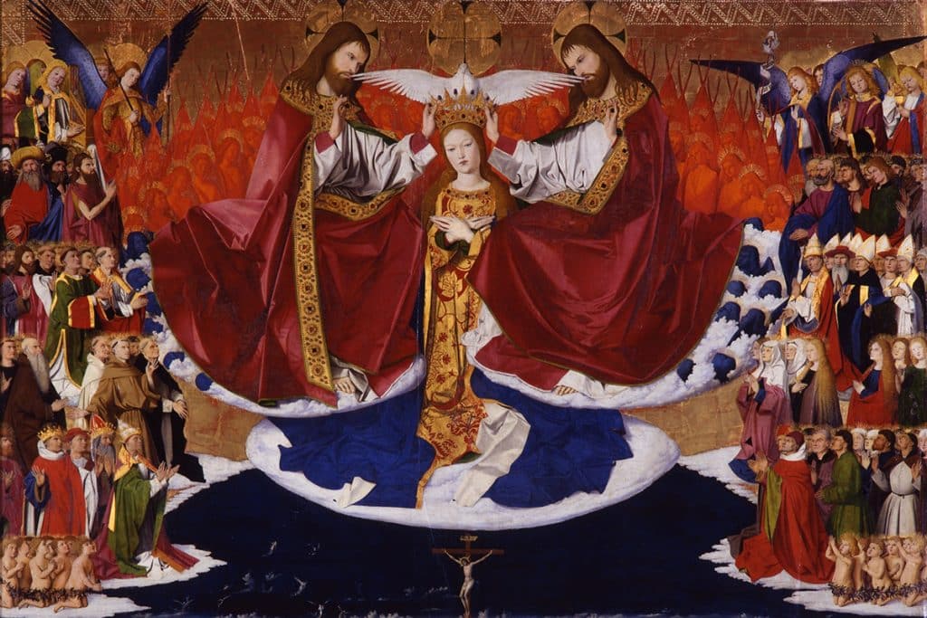 La Trinité dépeinte dans Le couronnement de la Vierge, Enguerrand Quarton, 1452-53