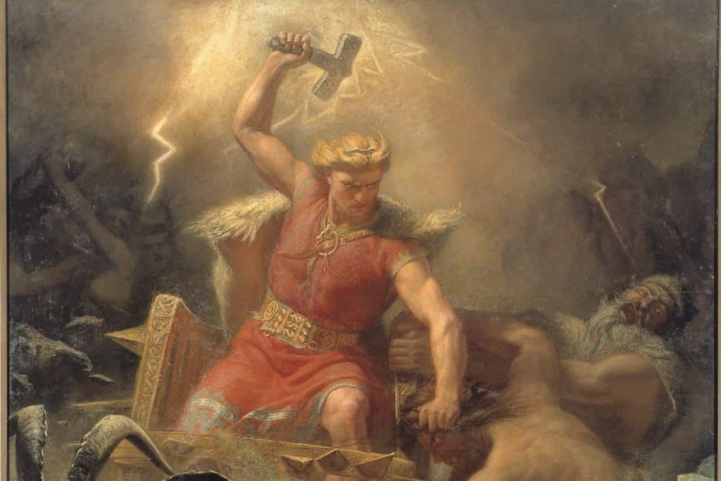 Le dieu Thor de la mythologie nordique affrontant les géants, M. E. Winge, 1872.
