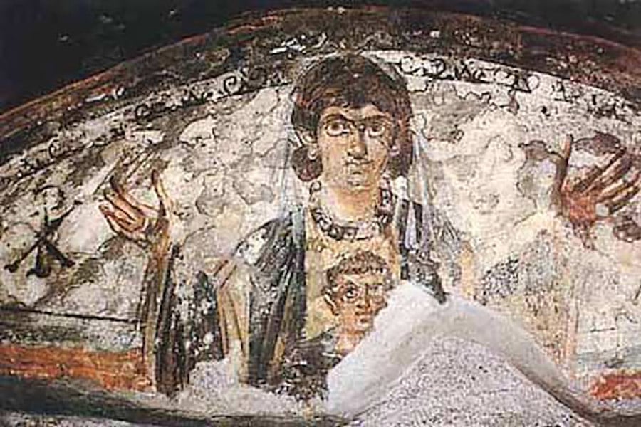 « Vierge à l'enfant » par un artiste chrétien anonyme du IVe siècle, peinture murale des catacombes de Rome.
