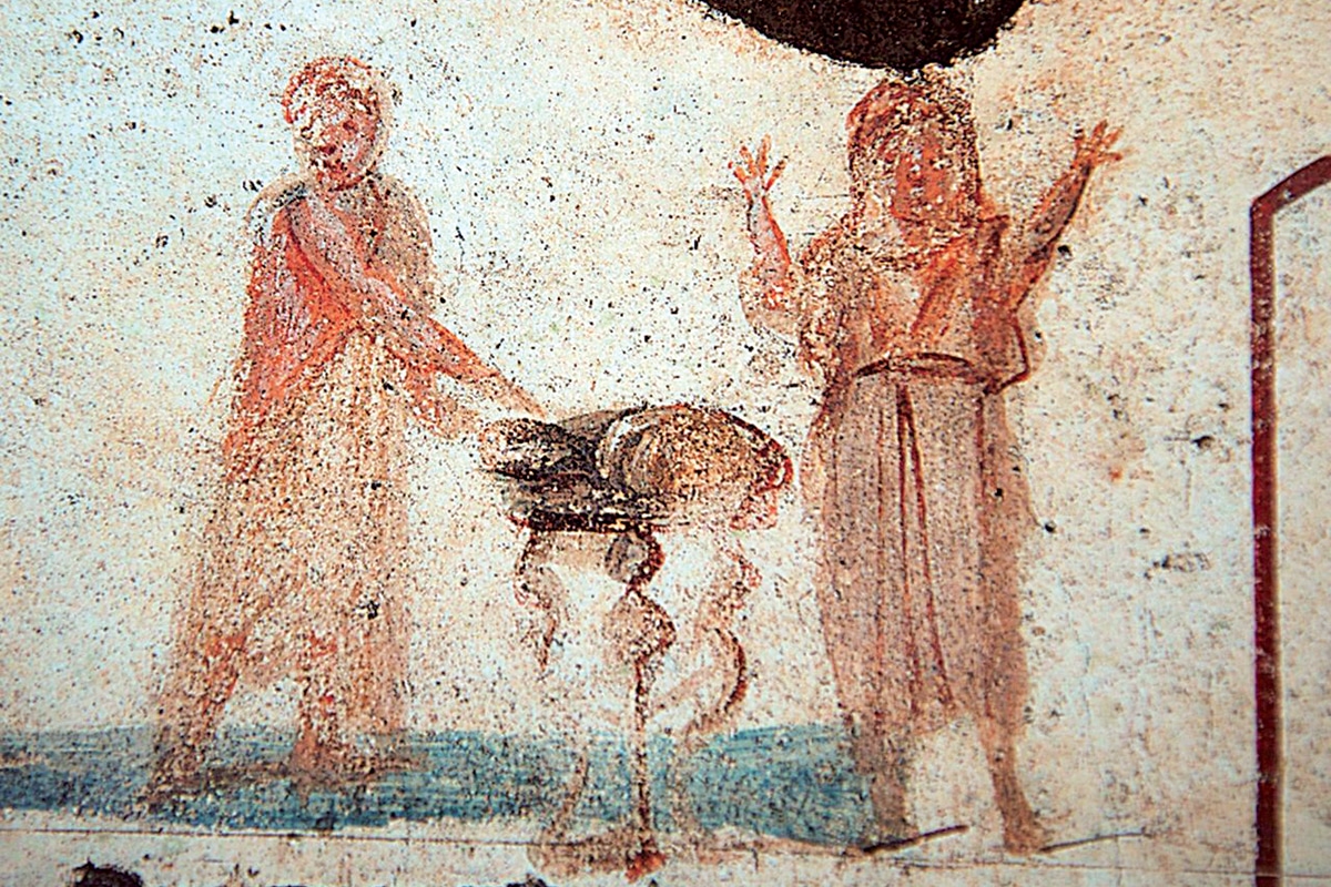 le pain eucharistique, iiie siècle, catacombes de saint calixte à rome. À la place de l’autel, un trépied.