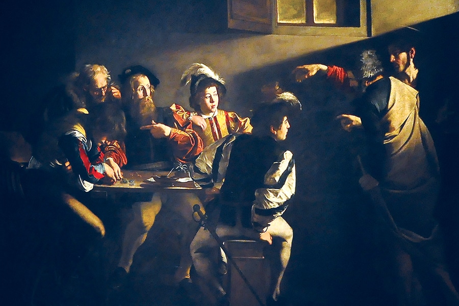 La Vocation de saint Matthieu, Caravage, 1600, Saint-Louis-des-Français, Rome.