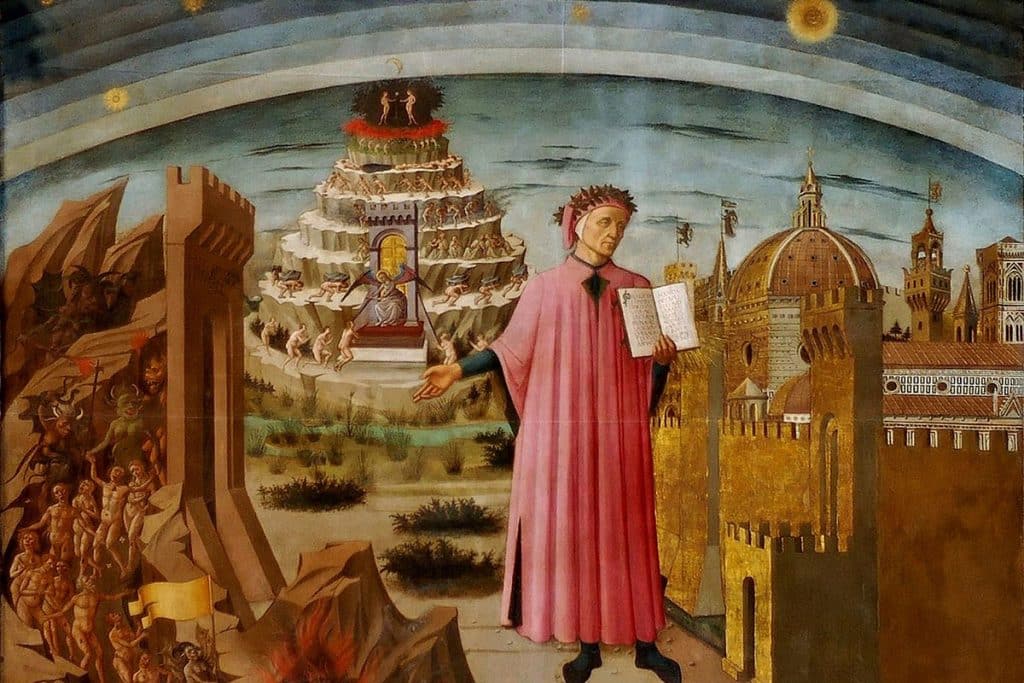 Dante et la Divine Comédie, 1465, par Domenico di Michelino. Derrière l'auteur, la représentation du purgatoire.