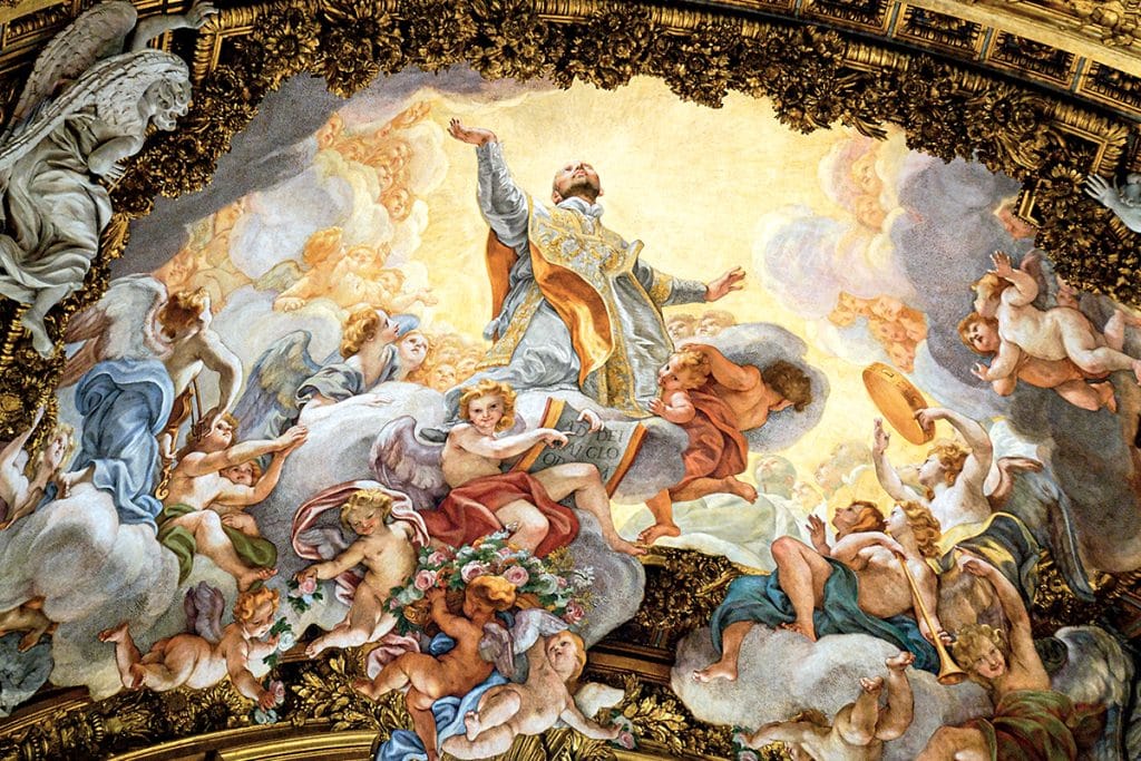 Saint Ignace de Loyola dans la monumentale fresque du plafond de l’église jésuite du Gesù, à Rome.