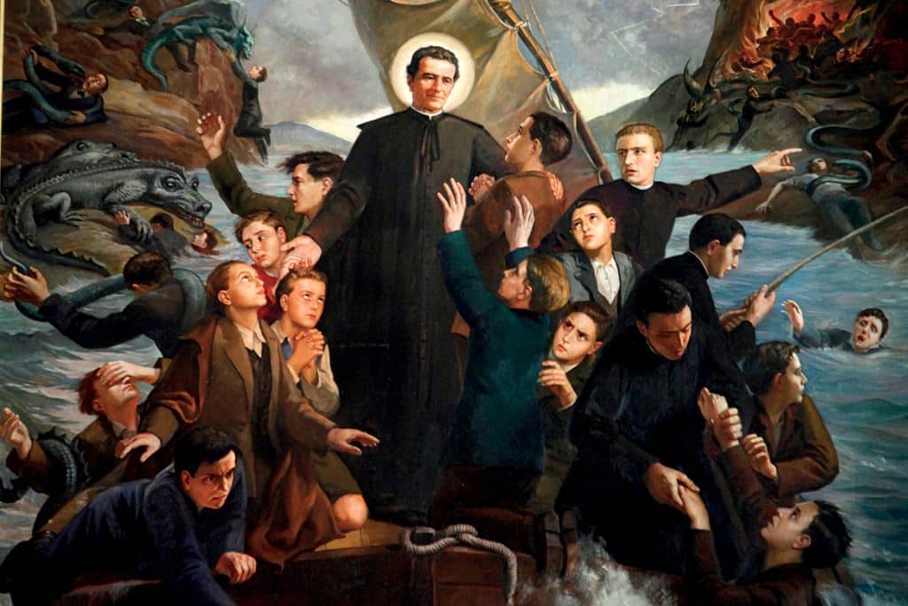 Peinture de Don Bosco avec ses jeunes, dans la basilique Marie-Auxiliatrice à Turin.