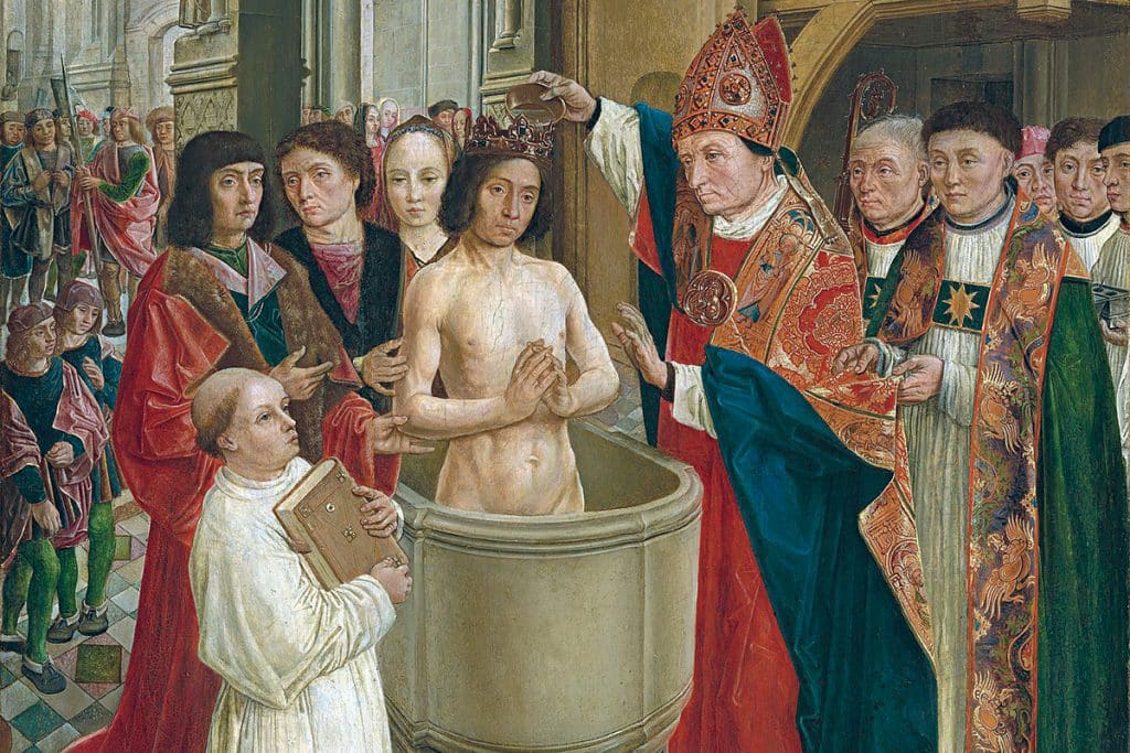 Le baptême de Clovis (détail) par saint Remi, v. 1500, maître de Saint Gilles.