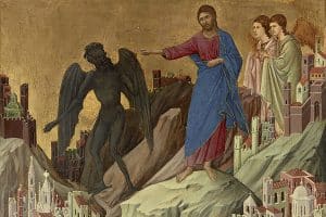 « Va-t’en, Satan ! » ont été les derniers mots du Père Hamel. La tentation sur la montagne (v. 1310), de Duccio.