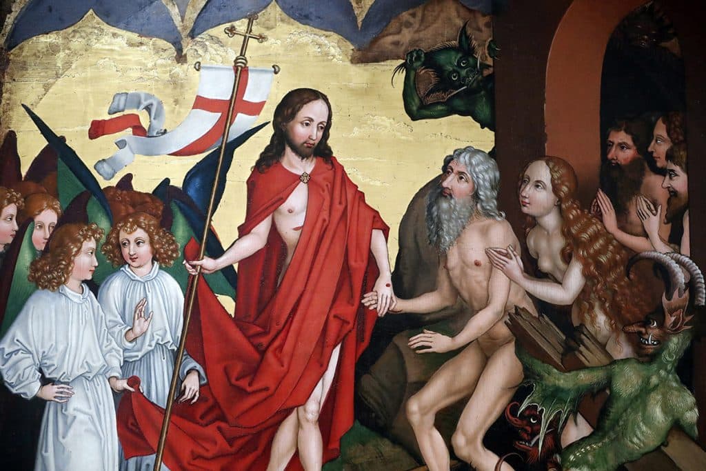 Jesus tire Adam et Ève out du tombeau, Martin Schongauer. XVe s., Colmar. Musée Unterlinden.