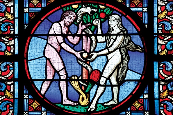 « L’enjeu d’une sortie de la condition humaine, c’est d’abord une sortie de la condition sexuée. »  Adam et ève, le fruit défendu, basilique du Sacré-Cœur à Paray-le-Monial (Saône-et-Loire). © Fred de Noyelle / Godong