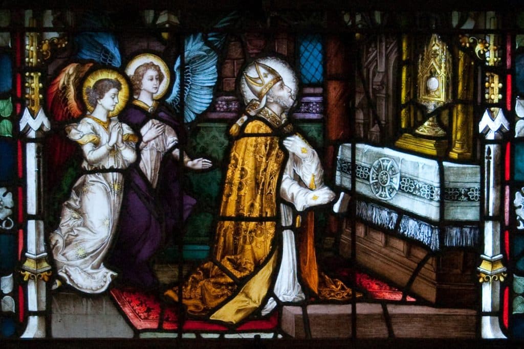 Saint Alphonse agenouillé devant le Très-Saint-Sacrement, vitrail de Franz Mayer à la cathédrale de Carlow.