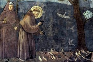 François d'Assise prêchant aux oiseaux (d'après les Fioretti) par Giotto.