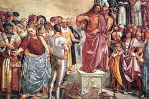 La prédication de l’Antéchrist, 1499-1504, détail de la fresque de Luca Signorelli dans la cathédrale d’Orvieto (Italie). Le Diable, à droite de l’Antéchrist, lui parle à l’oreille.