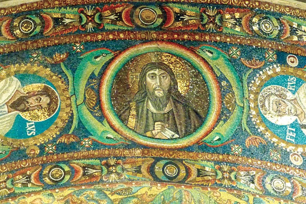 Le Christ, entouré de Paul et de Pierre, basilique Saint-Vital de Ravenne (VIe siècle).