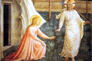Le Christ apparaît à Marie-Madeleine, qui est ainsi le premier témoin de la Résurrection. Noli me tangere : « Ne me retiens pas », lui dit-il. Fresque de Fra Angelico (vers 1395-1455), couvent San Marco, Florence.