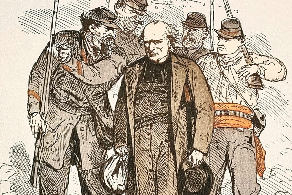 L’arrestation du Père Planchat. Dessin de Charles Albert d’Arnoux, dit Bertall, publié dans le Figaro en 1875.