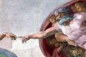 La Création d’Adam (détail), 1508-1512, Michel-Ange, chapelle Sixtine, Vatican. « Démontrer rationnellement qu’il existe un créateur, c’est cela, la théologie naturelle. »