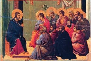 Jésus délivrant son discours d’adieu à ses disciples, peinture de la Maestà, 1308-1311, Duccio.