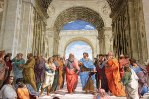 Platon et Aristote tenant l’Éthique (au centre), détail de l’École d’Athènes.