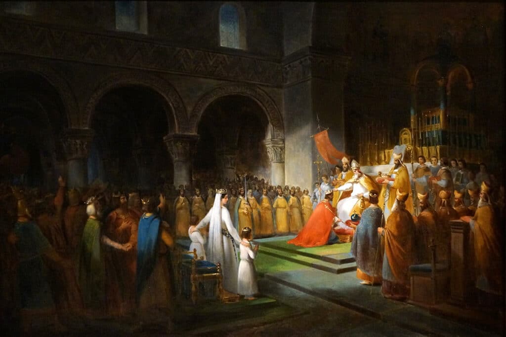 Couronnement de Pépin le Bref par le pape Étienne II à Saint-Denis, le 28 juillet 754, François Dubois, 1837, château de Versailles.